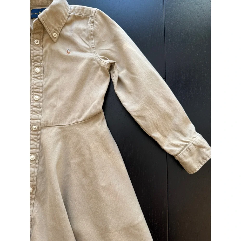 Ralph Lauren Girls Shirt Dress Size 5 Khaki Long Sleeve Button-Down Prep School